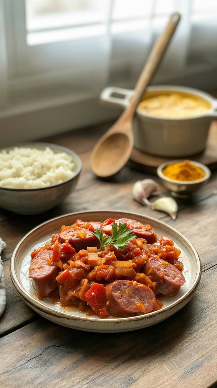 Plat de rougail saucisse et riz sur table.