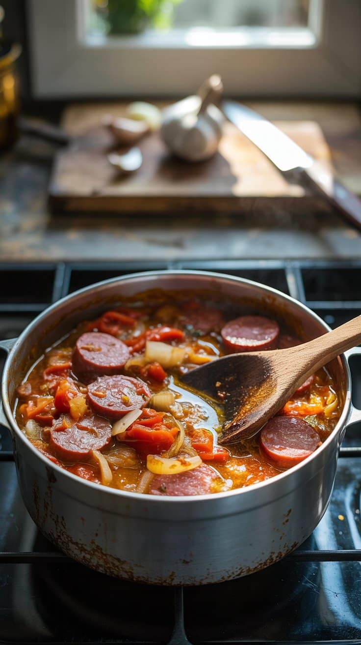 Ragoût à la saucisse mijotant sur la cuisinière.