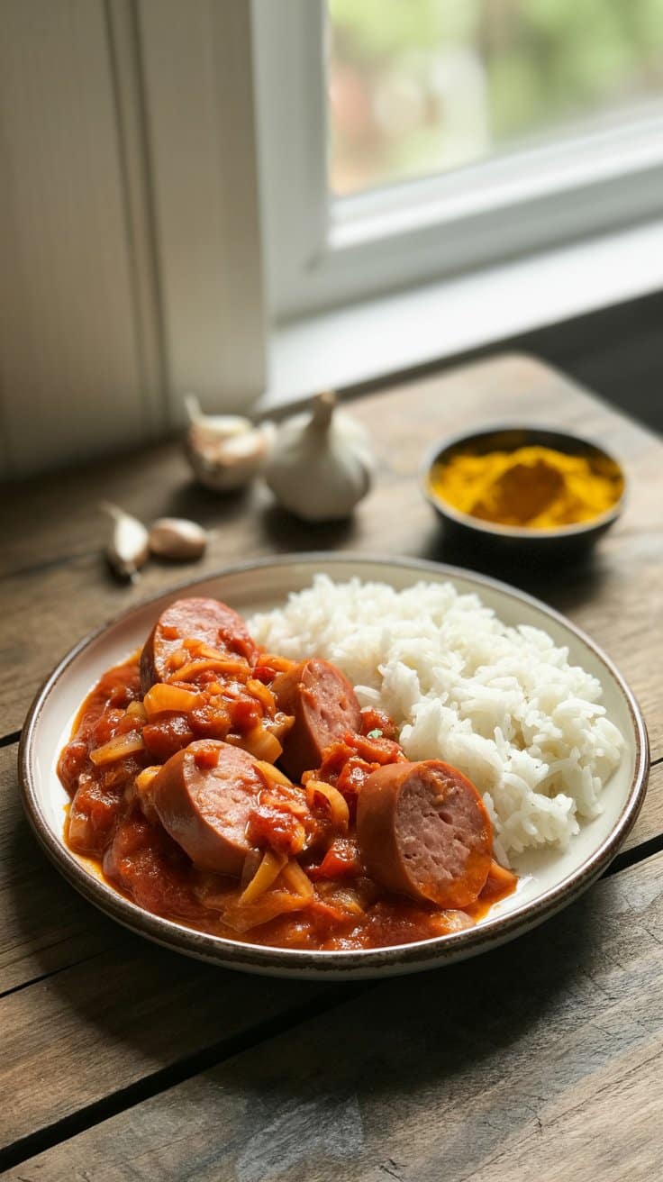 Plat de riz et saucisses aux légumes.