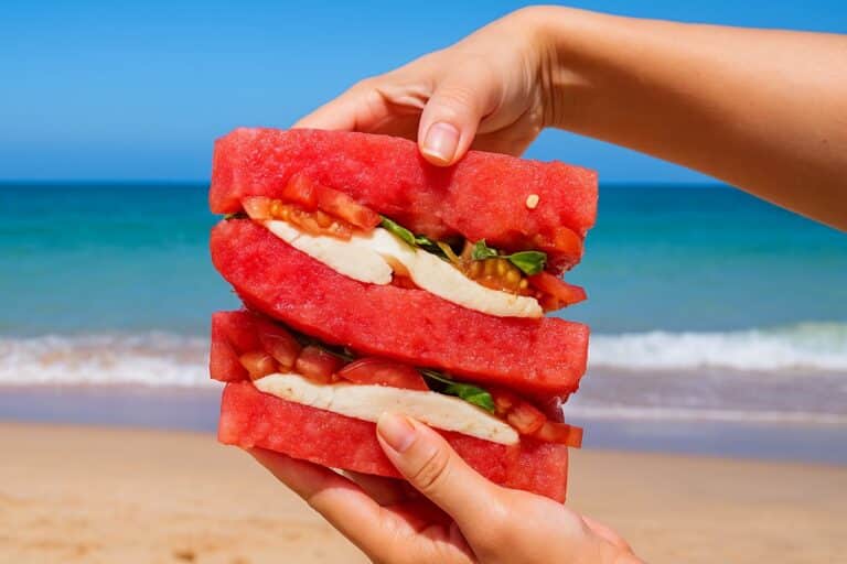 Sandwich pastèque sur une plage ensoleillée