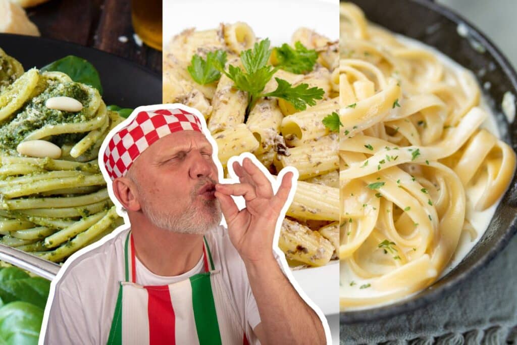 Chef italien appréciant divers plats de pâtes.