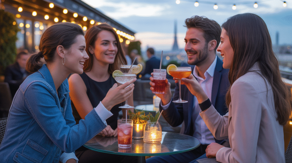Amis trinquant sur une terrasse parisienne.