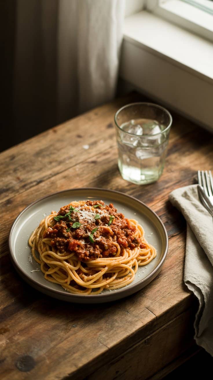 Assiette de spaghetti bolognaise sur table en bois.