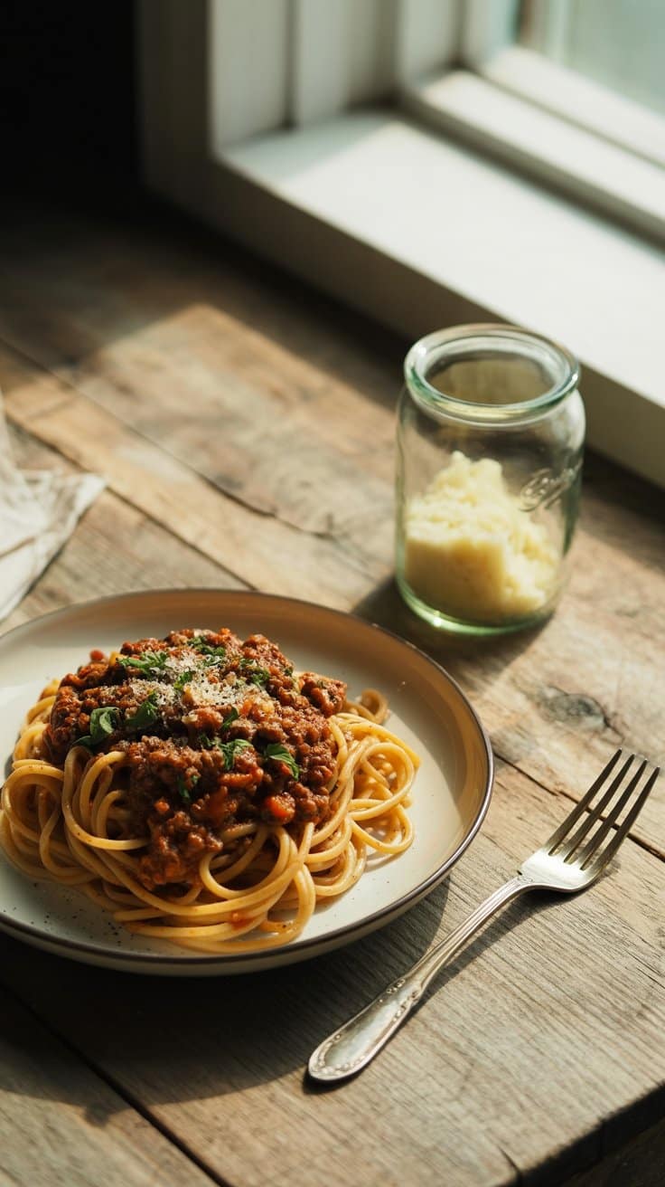 Spaghetti bolognaise avec fromage râpé et fourchette.