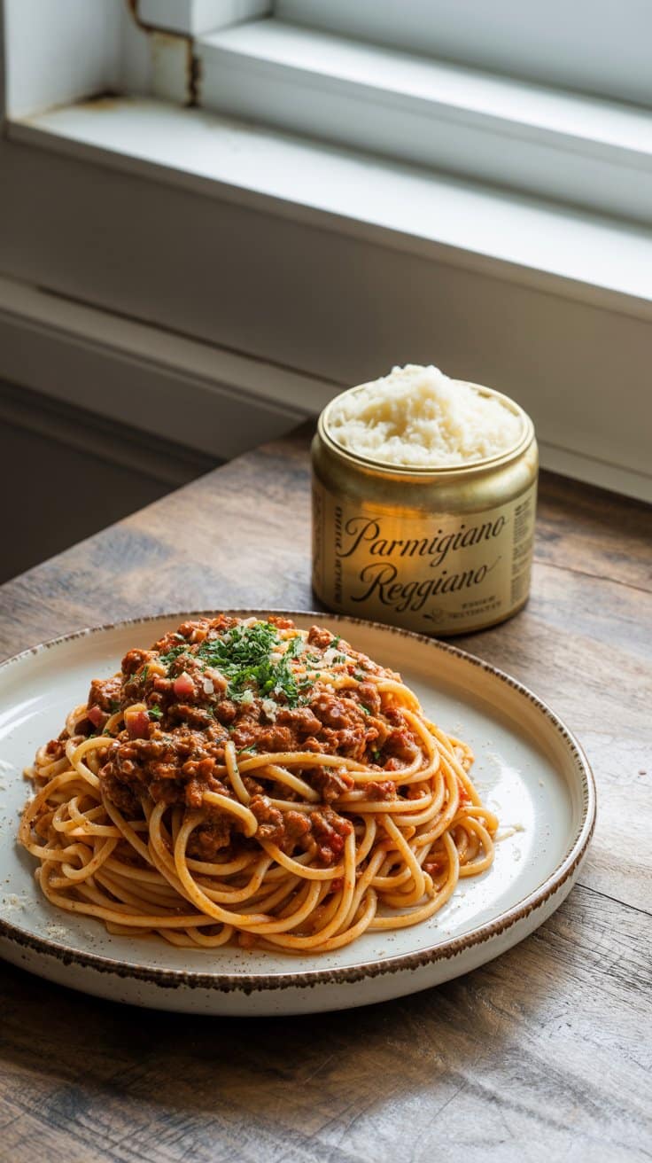 Assiette de spaghetti bolognaise et parmesan râpé.