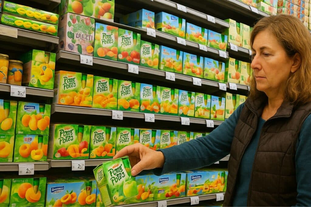 Femme choisissant des compotes en supermarché.