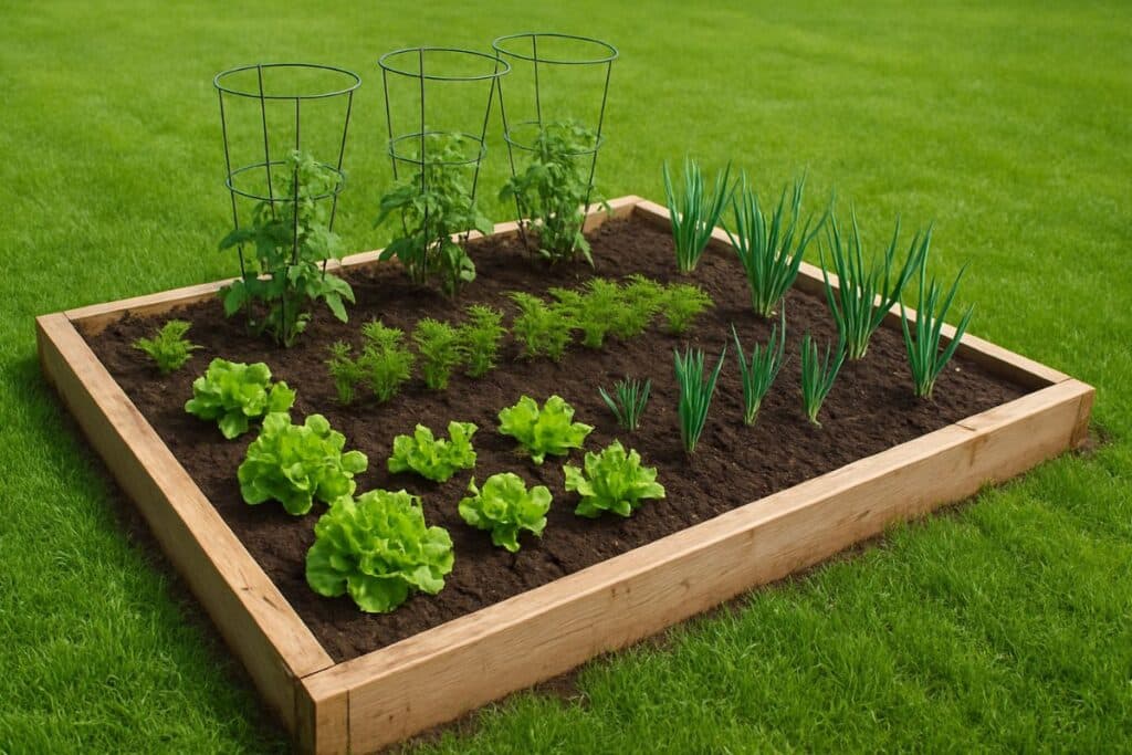 Jardin potager surélevé avec légumes variés.