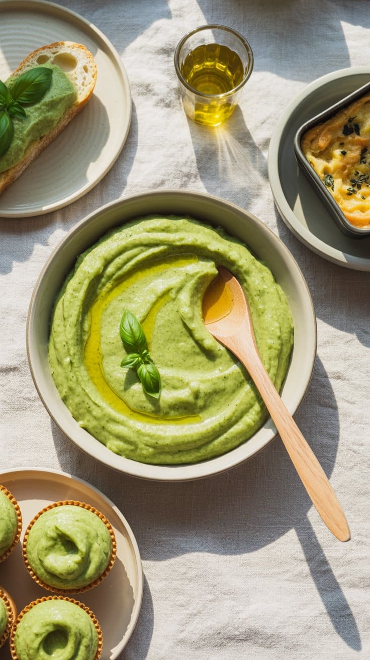 Assiette de houmous à l'avocat avec basilic frais.