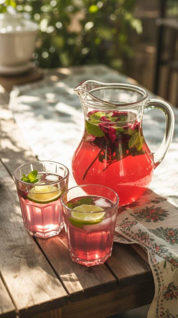 Carafe et verres de limonade rose avec citrons.