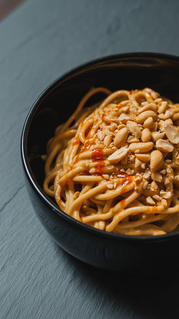 Nouilles sauce cacahuète, cacahuètes concassées