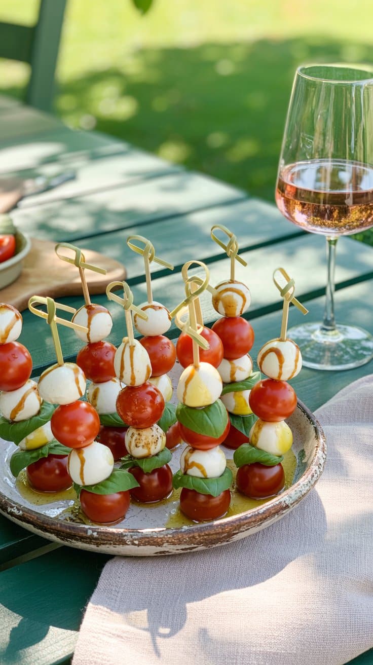 Brochettes caprese sur table extérieure avec verre de vin.