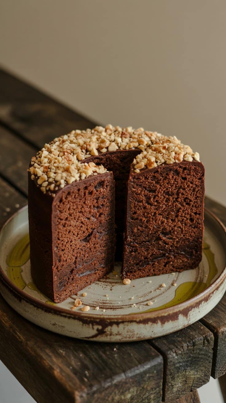 Gâteau chocolat avec noisettes, tranché, sur assiette rustique.