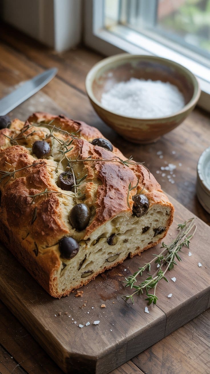 Pain aux olives et romarin sur planche.