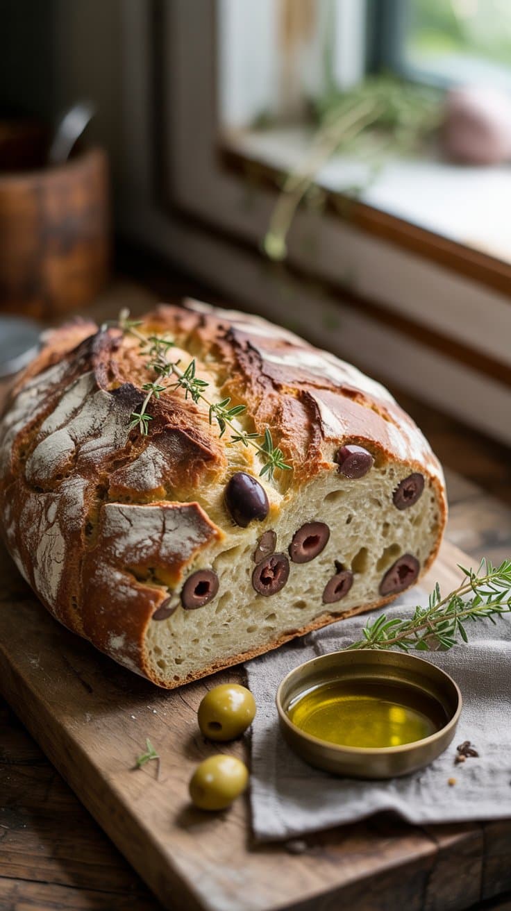 Pain aux olives et huile d'olive sur planche.