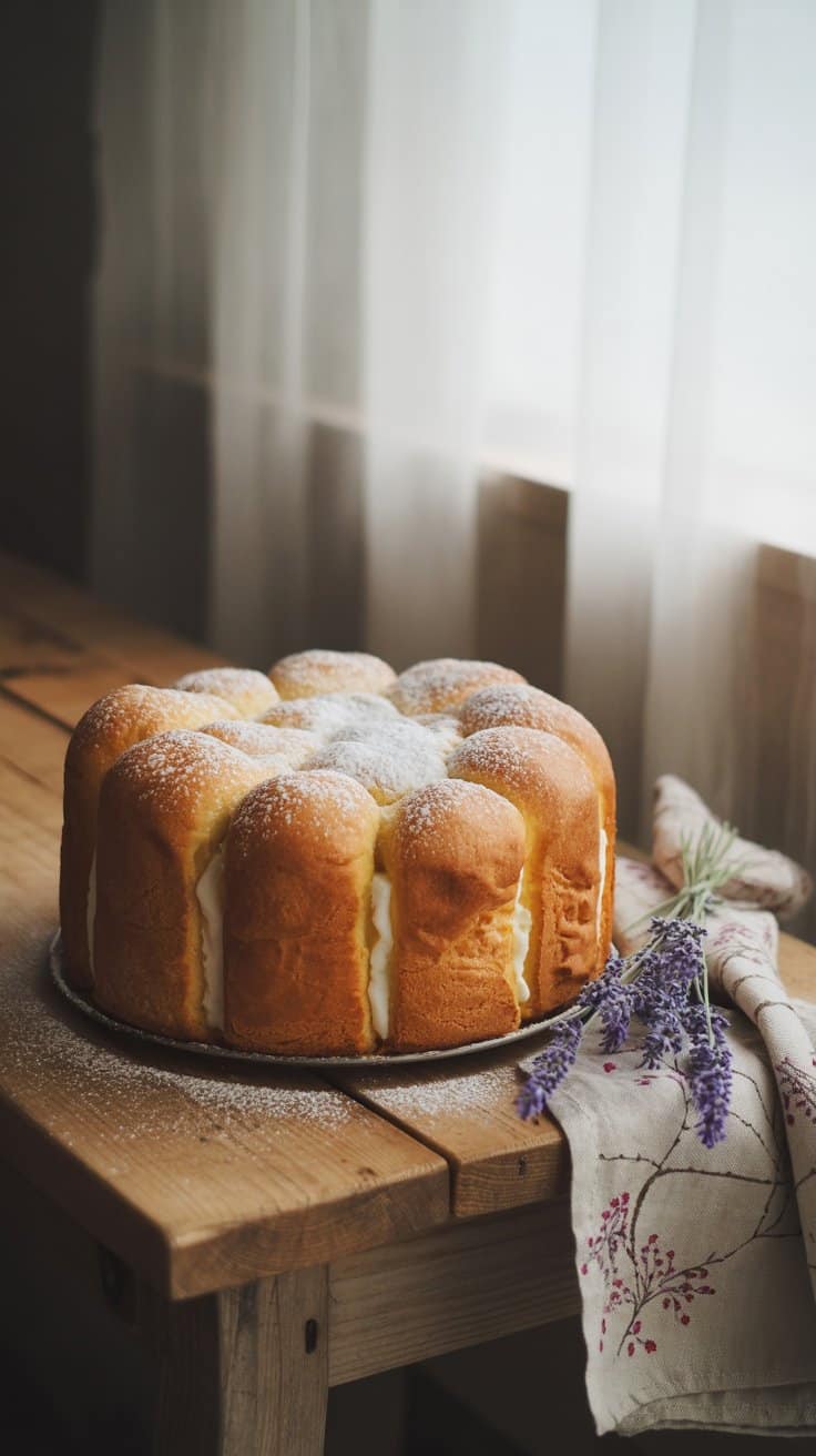 Gâteau moelleux à la crème sur table en bois.