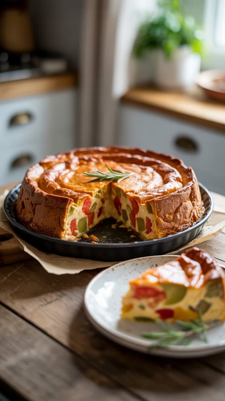 Quiche aux légumes colorés sur table en bois.
