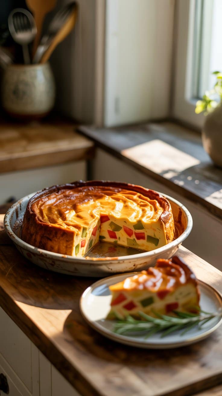 Quiche colorée aux légumes sur une table en bois.