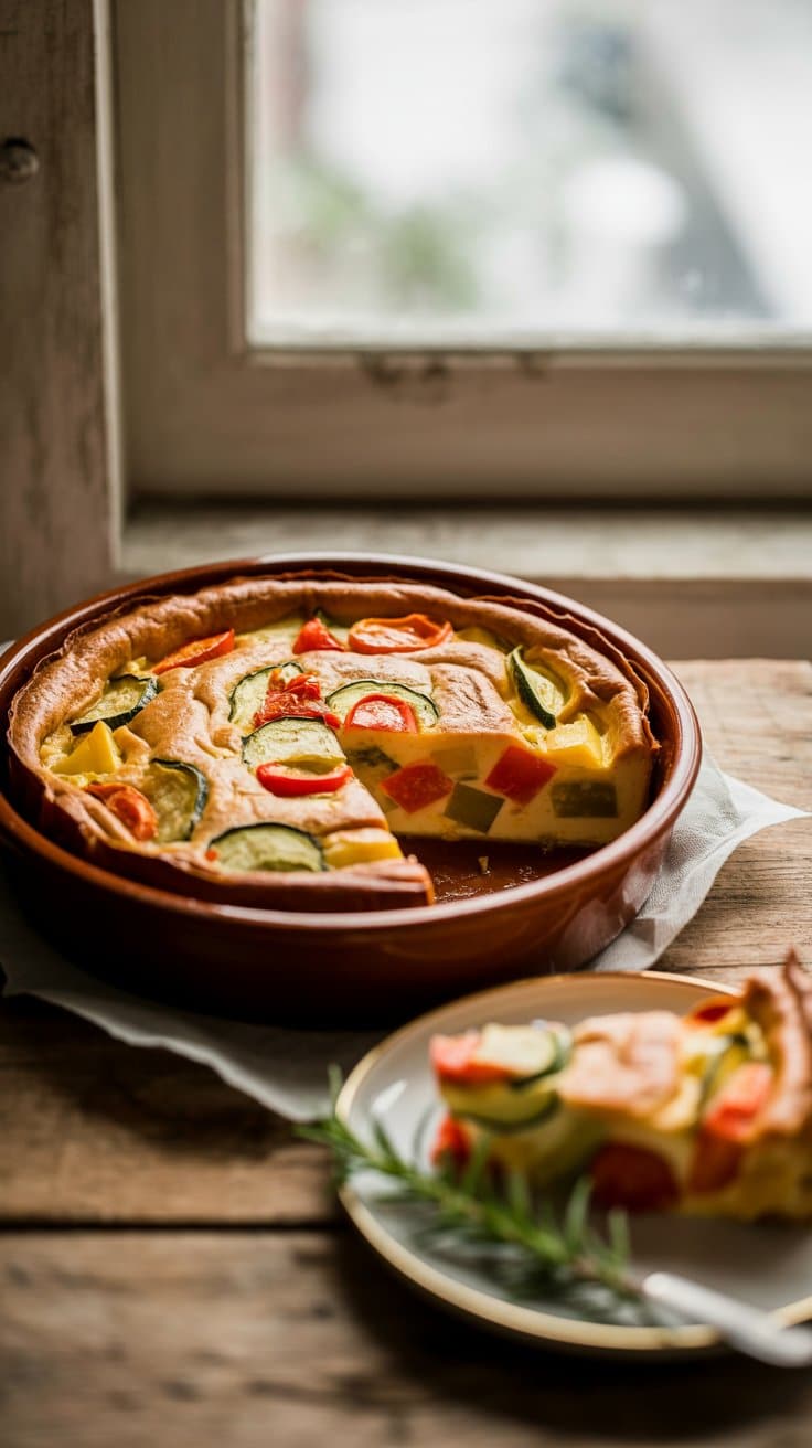 Quiche aux légumes servis dans un plat en terre.