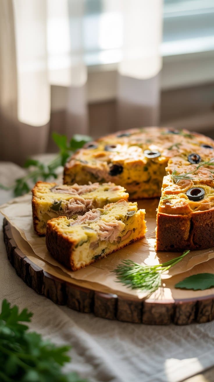 Cake salé au thon et olives sur planche bois.