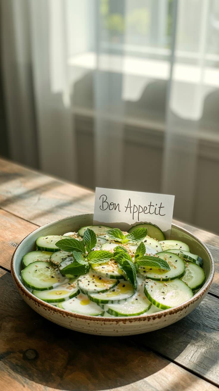 Salade de concombre avec menthe, étiquette 'Bon Appétit'.