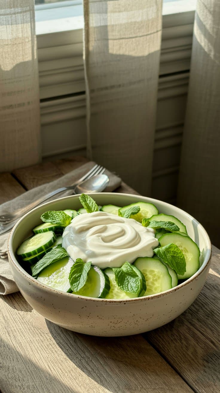 Salade de concombre et yaourt, décorée de menthe.