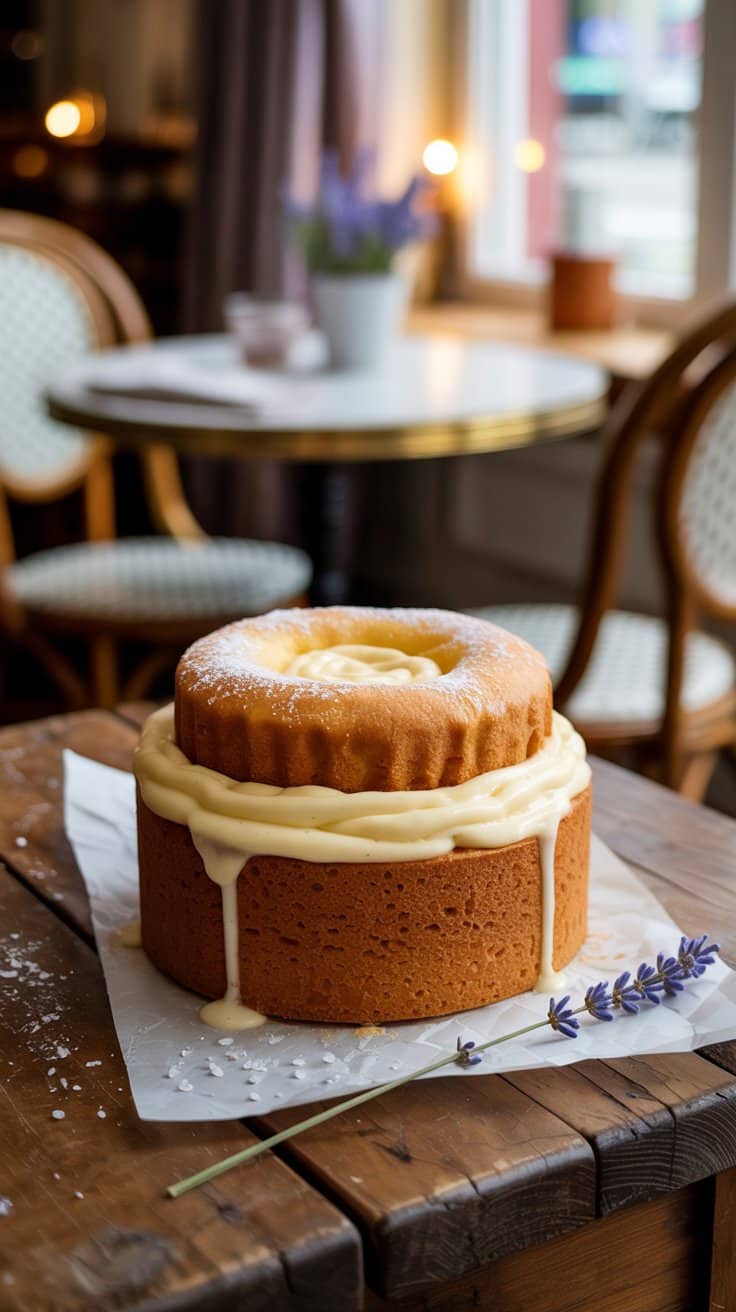 Gâteau avec glaçage et décoration lavande.