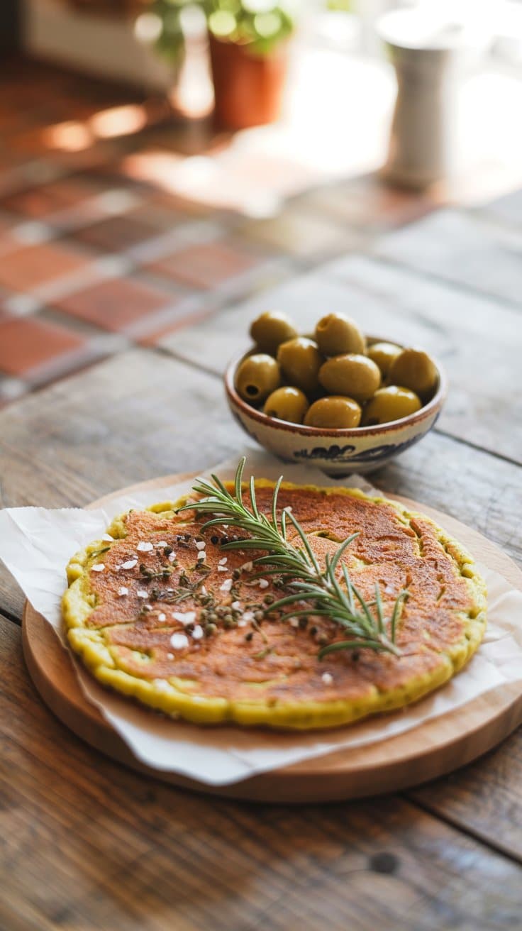 Galette aux herbes avec olives vertes en arrière-plan.