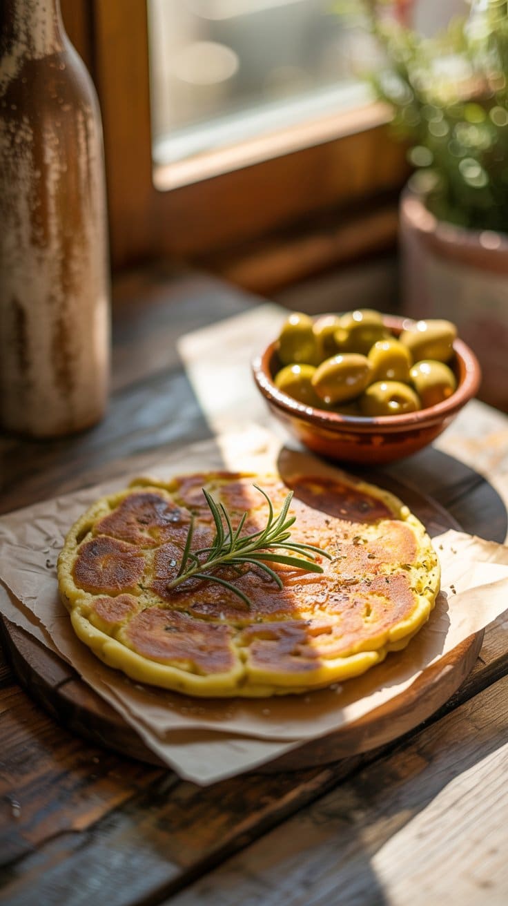 Galette au romarin et olives sur table en bois.