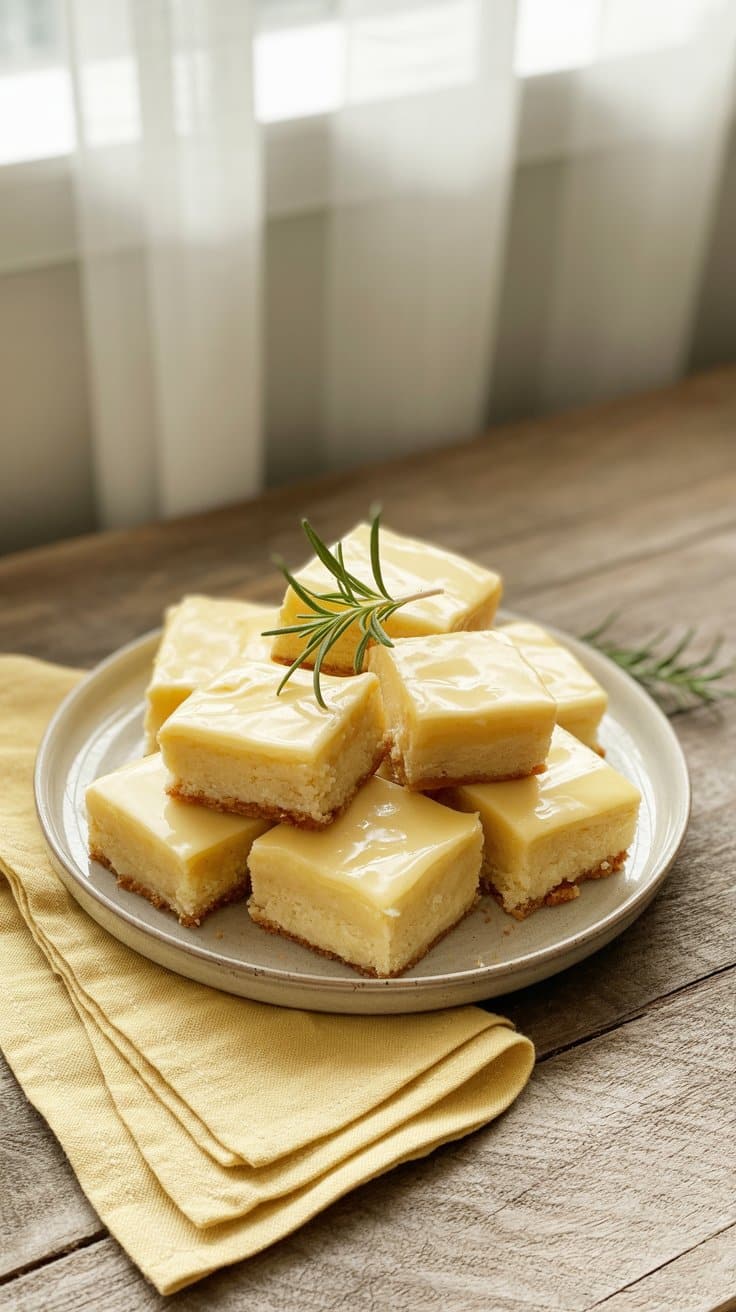 Carrés au citron sur assiette, décorés de romarin.