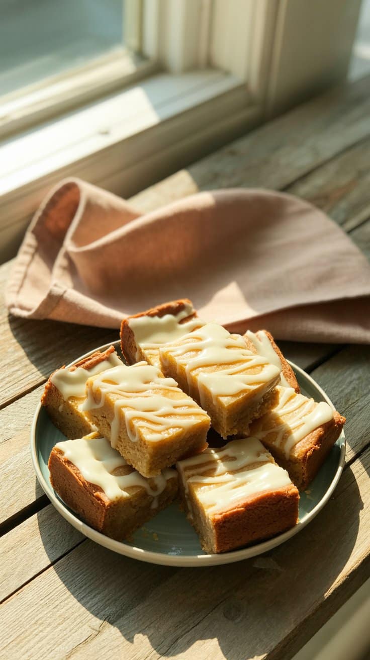 Carrés de gâteau glacés au beurre sur assiette.