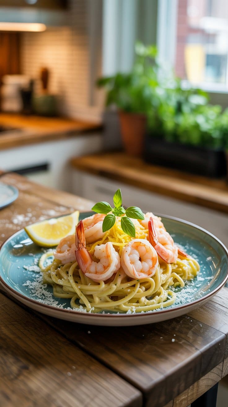 Spaghetti aux crevettes et citron, garniture basilic.