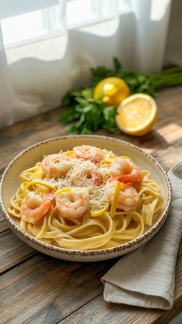 Pâtes aux crevettes et citron, servies sur table en bois.