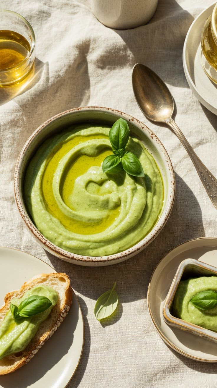 Soupe verte onctueuse avec basilic et huile.