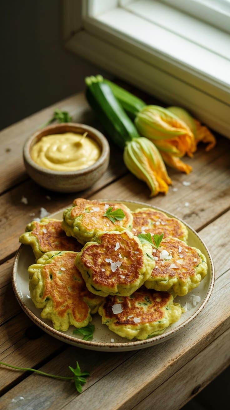 Beignets de courgettes avec sauce au fromage.