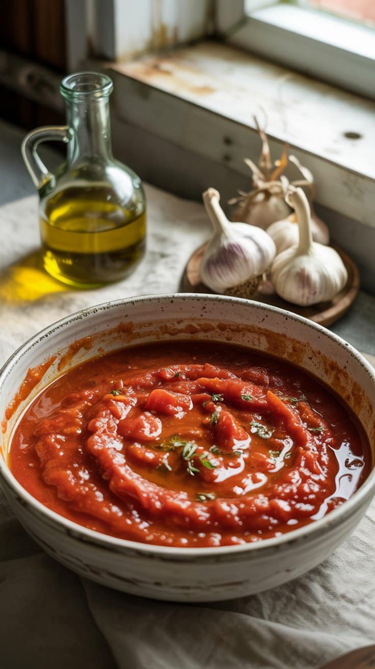 Bol de sauce tomate avec ail et huile.