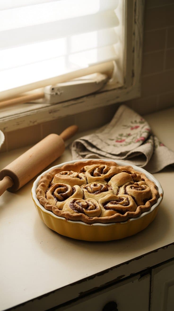 Tarte roulée à la cannelle dans cuisine ensoleillée.