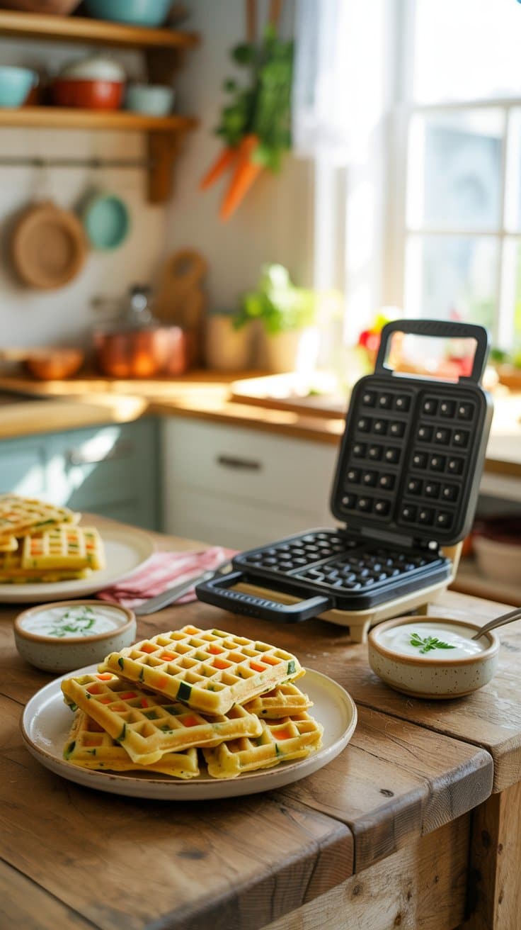 Gaufres aux légumes et gaufrier sur table en bois.