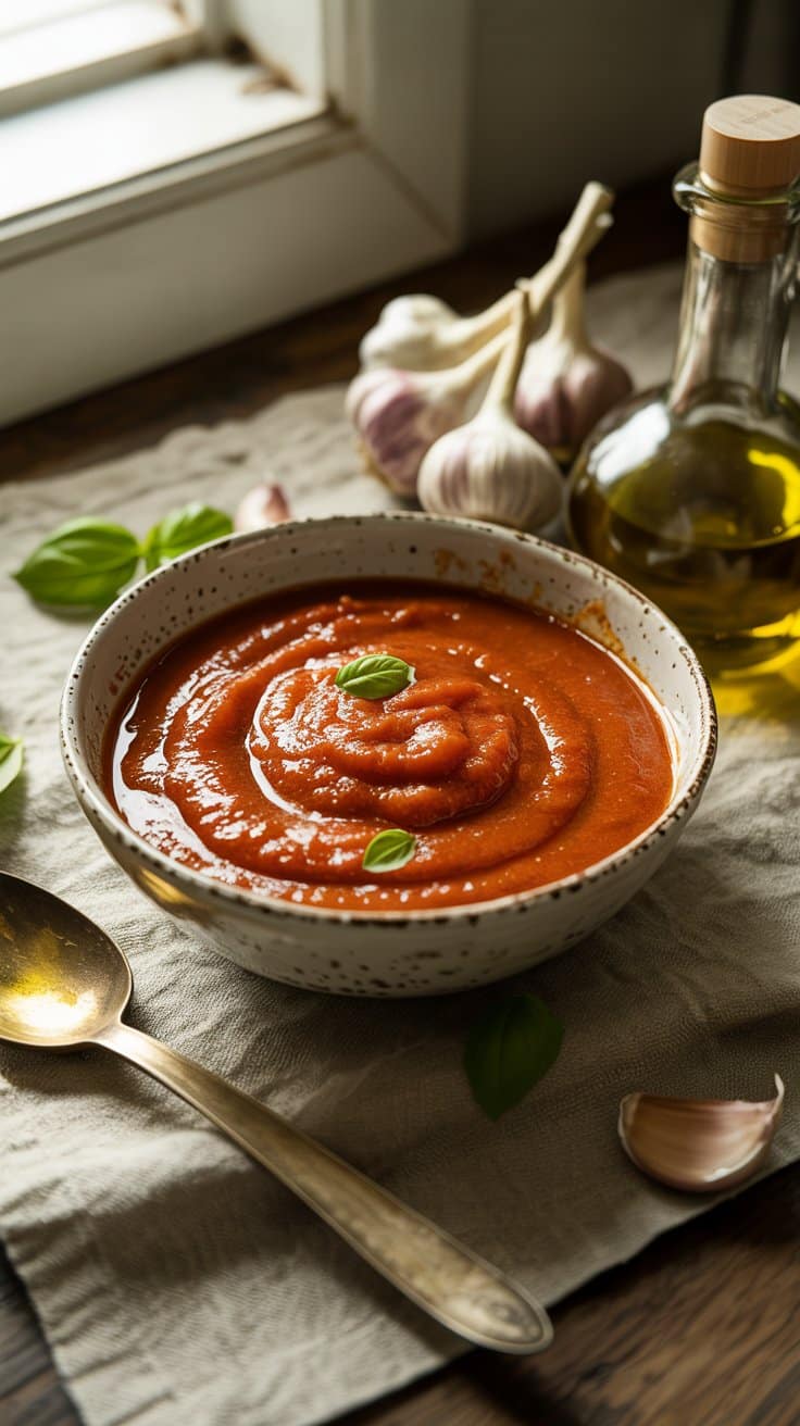 Soupe tomate maison avec basilic et huile d'olive.