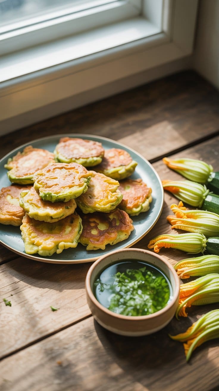 Beignets de fleurs de courgette avec sauce verte.