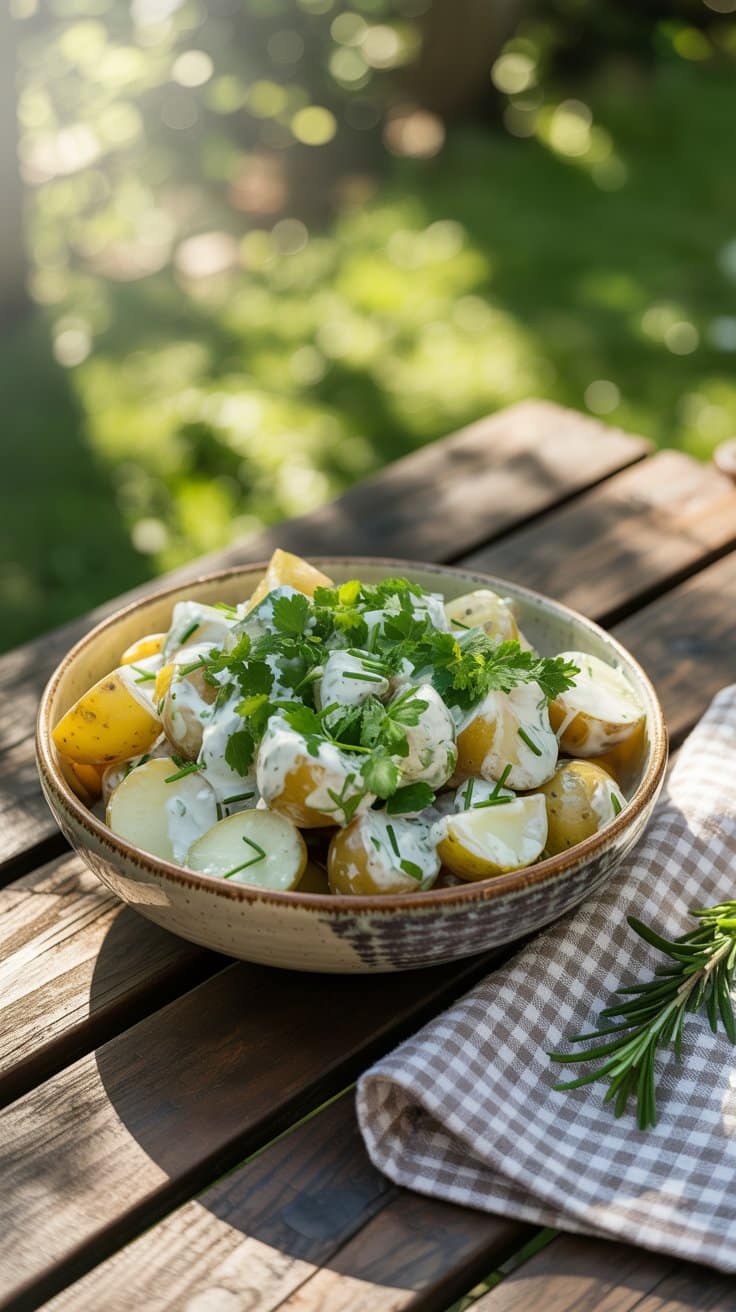 Salade de pommes de terre sur table en bois.
