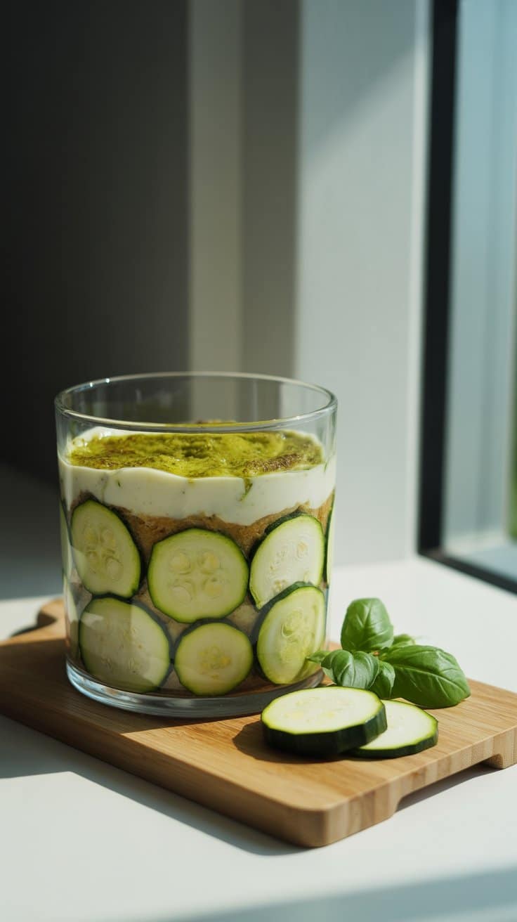 Verrine courgette et crème sur planche.
