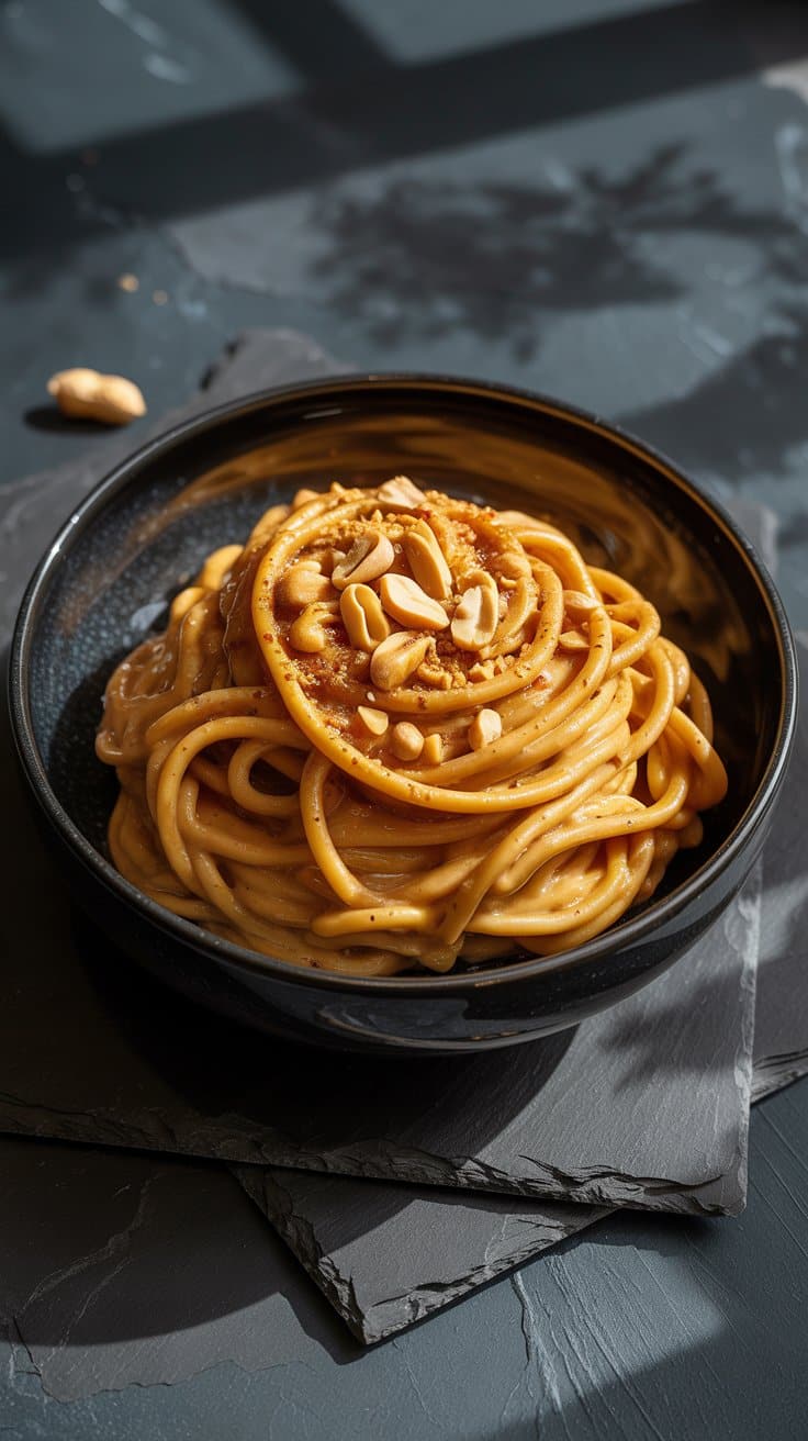 Spaghetti au beurre de cacahuète en bol
