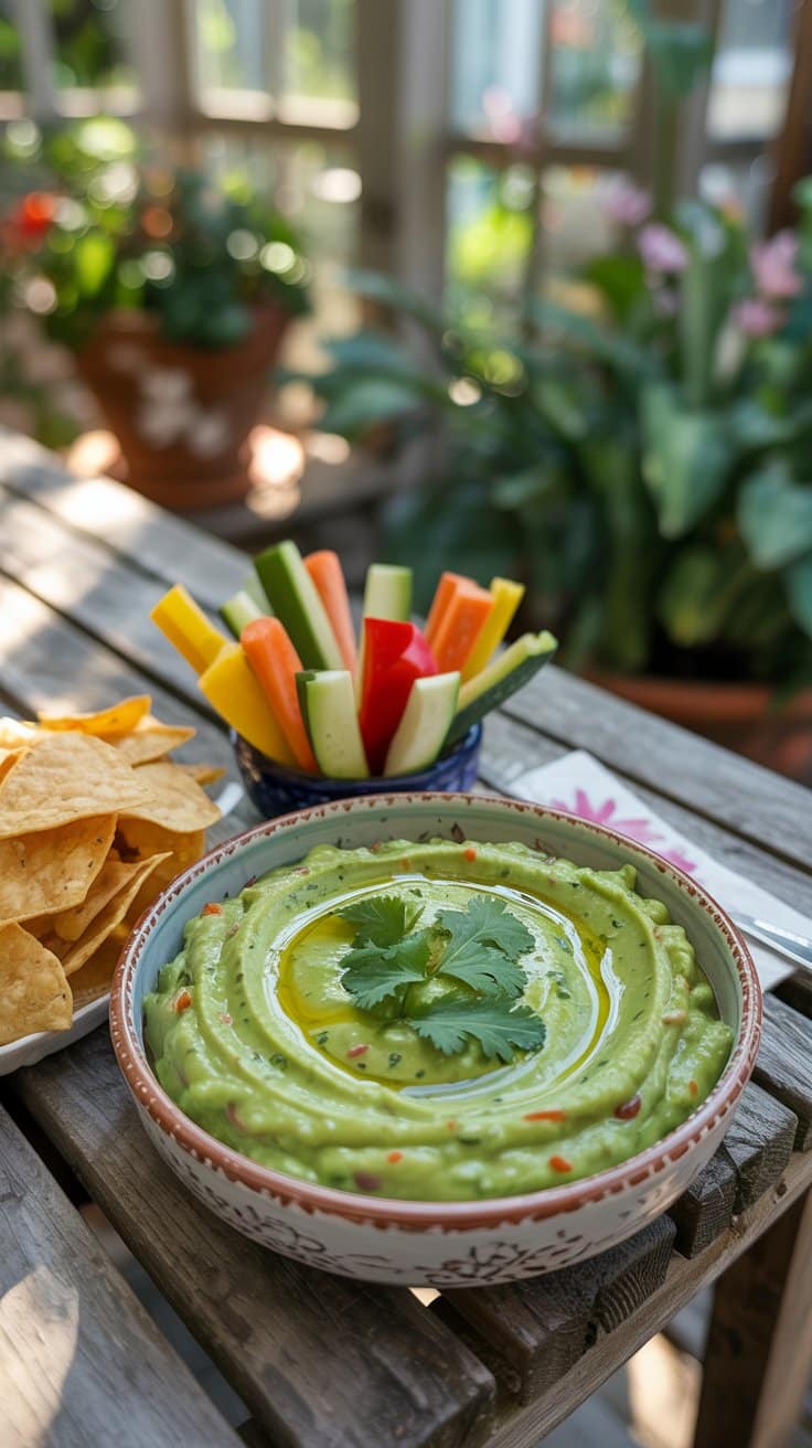 Guacamole et légumes en bâtonnets sur table extérieure.