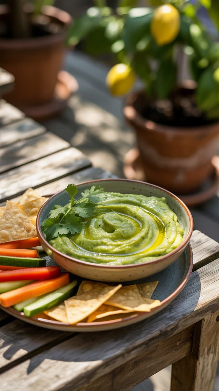Guacamole avec légumes et chips sur table bois.