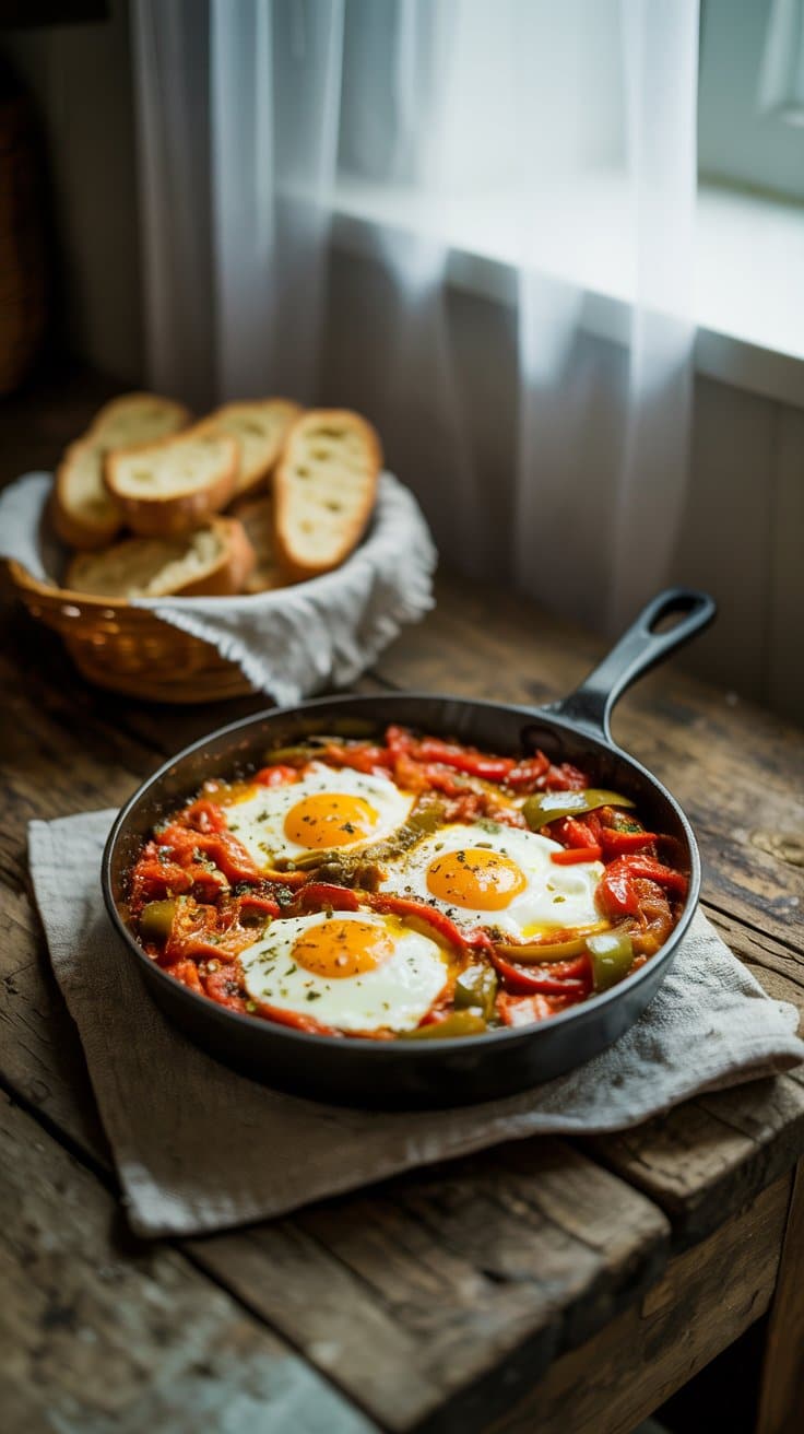 Plat de shakshuka sur table en bois rustique.