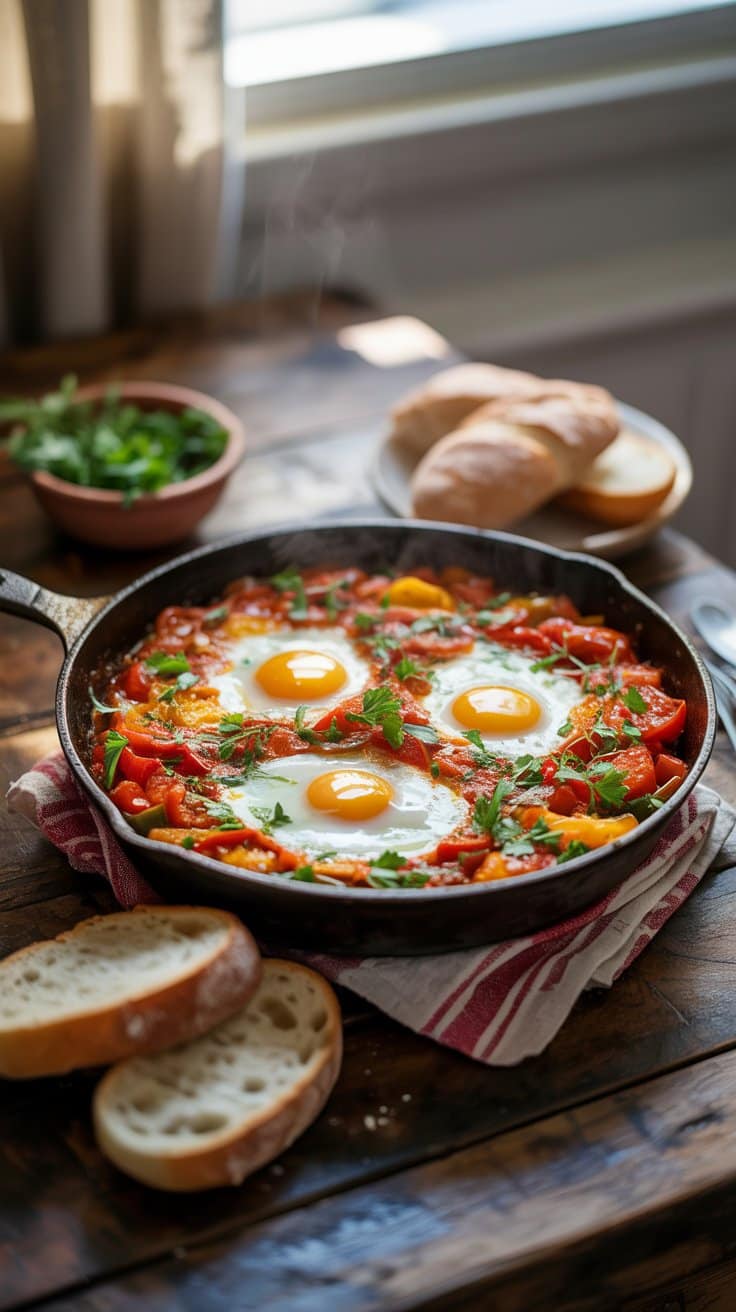 Poêle de shakshuka avec œufs et pain tranché.