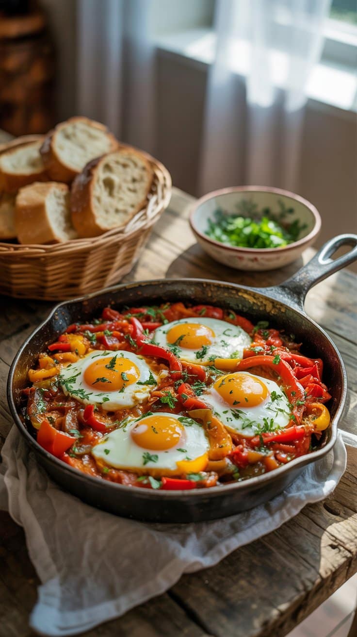 Poêle de shakshuka aux œufs et légumes colorés.