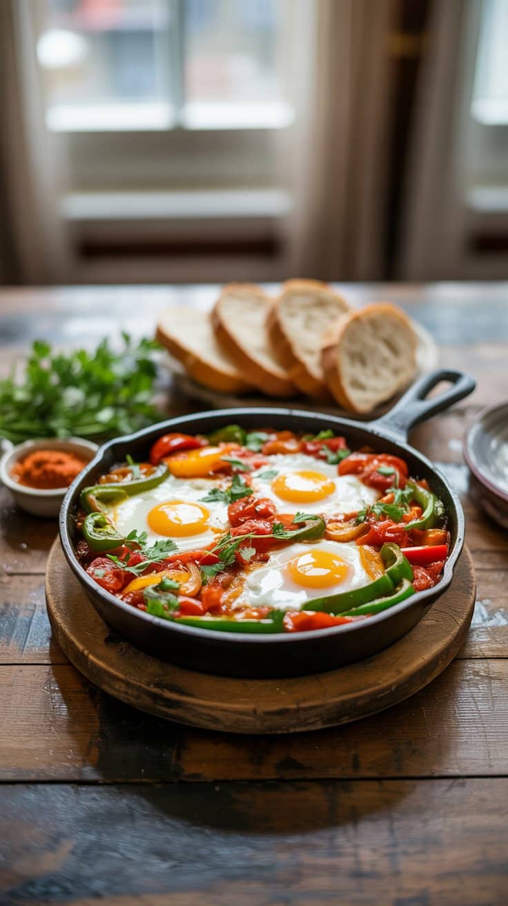 Shakshuka avec œufs, légumes et pain sur table.