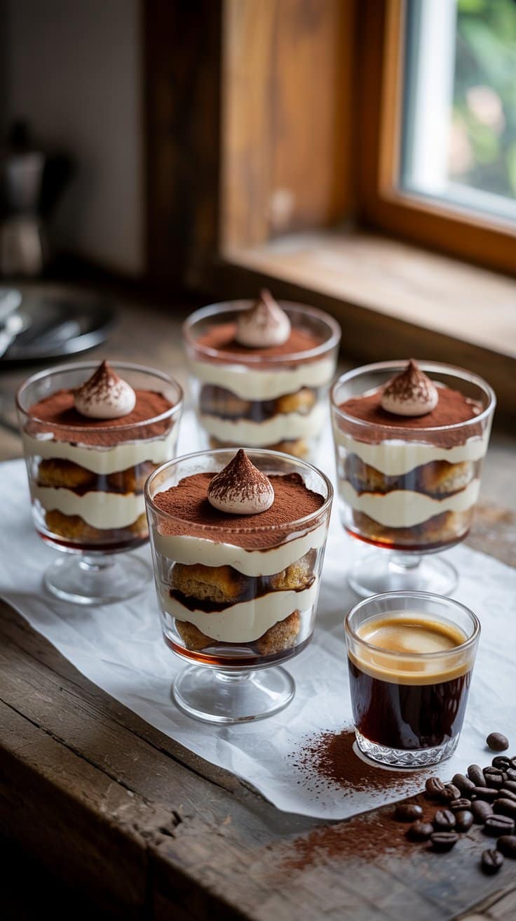 Verrines de tiramisu et café sur table en bois.