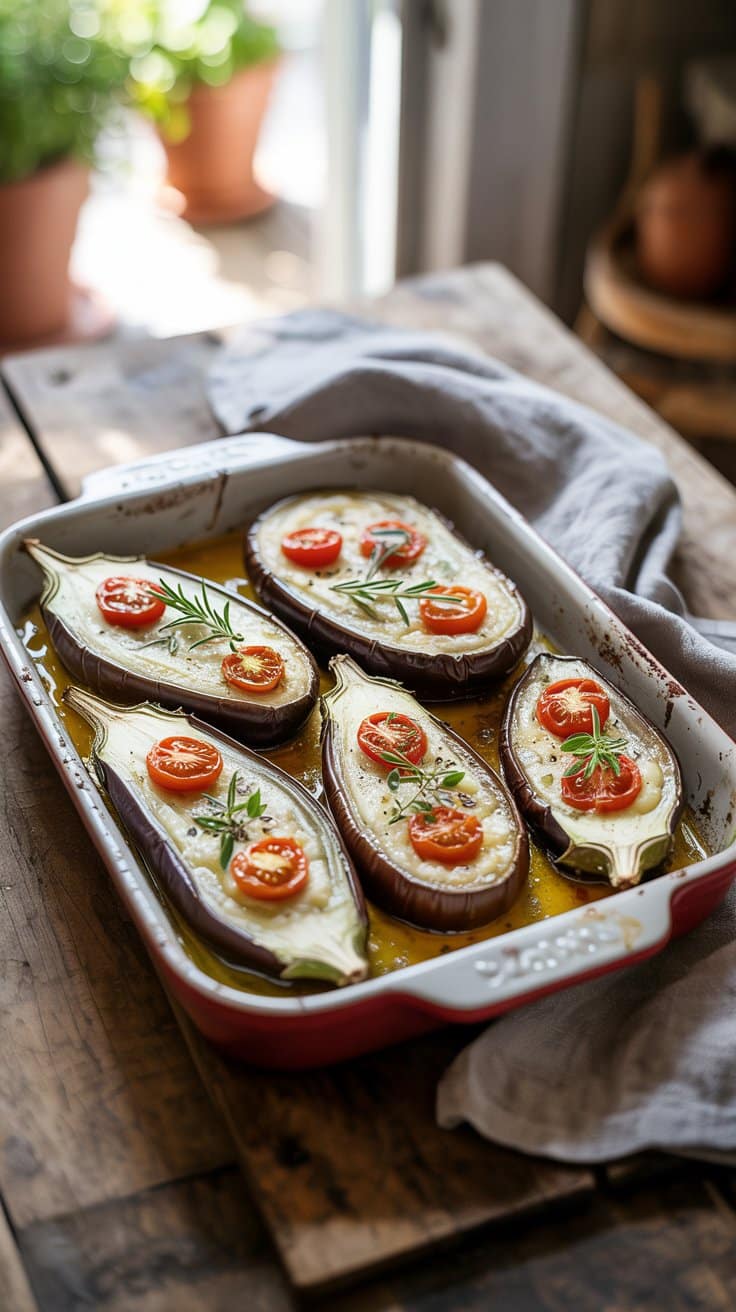 Aubergines farcies au four avec tomates et herbes.